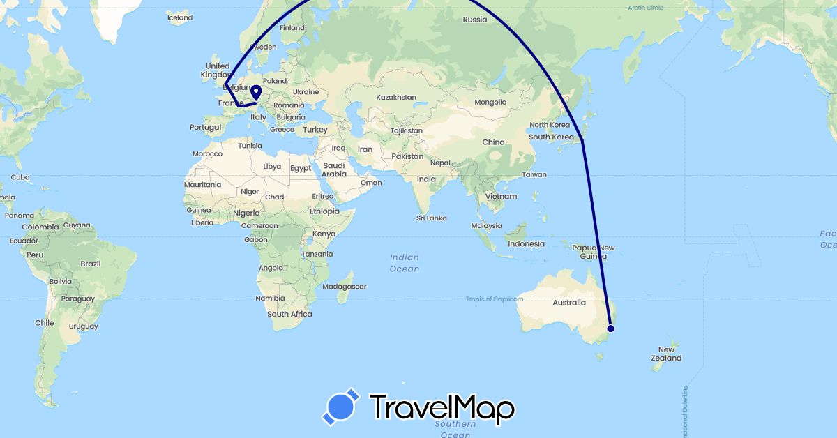 TravelMap itinerary: driving in Australia, France, United Kingdom, Italy, Japan (Asia, Europe, Oceania)